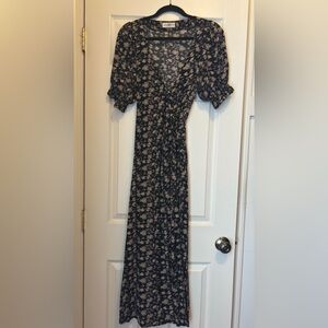 NATURAL LIFE Black Maxi Wrap Dress with Beige Floral Print